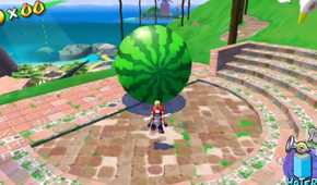 Screenshot of Mario and some a giant watermelon from Super Mario Sunshine