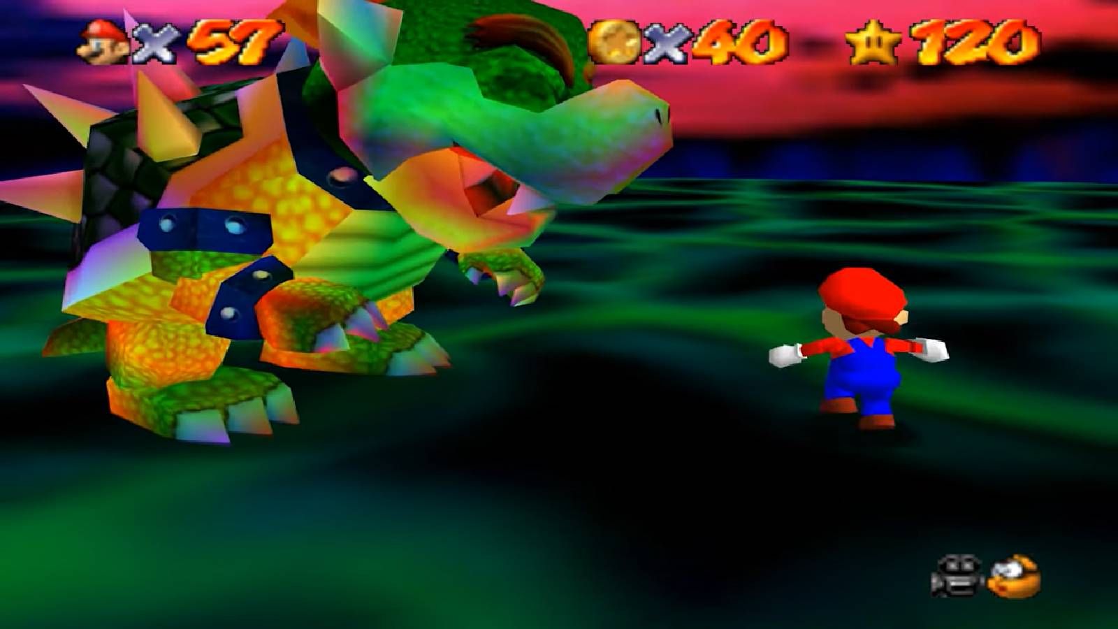 Screenshot of Super Mario 64 of Mario fighting Bowser