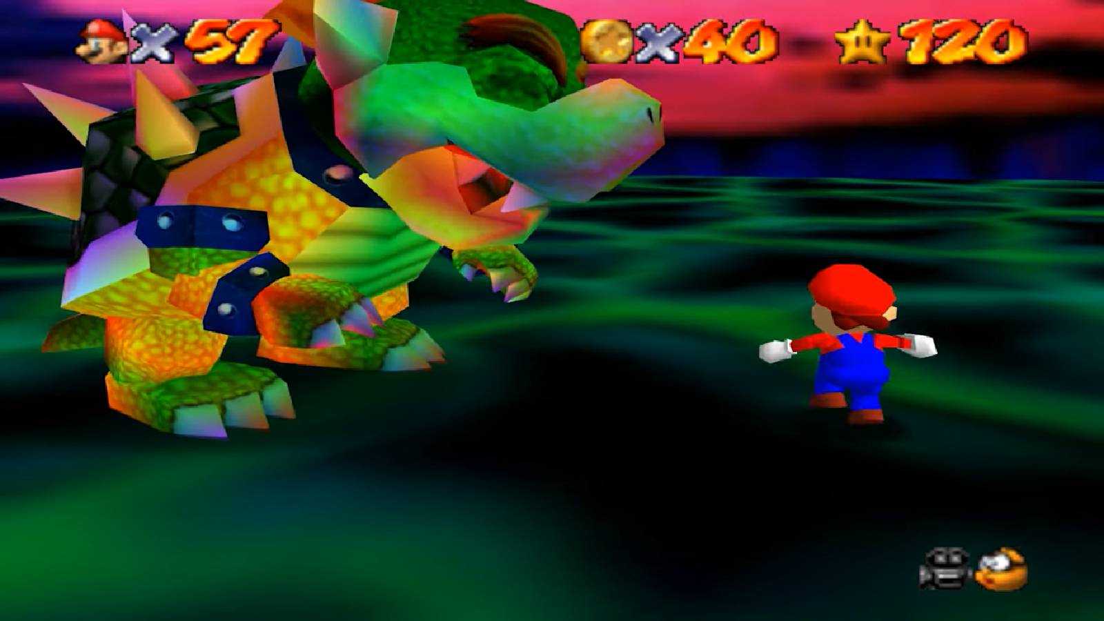 Screenshot of Super Mario 64 of Mario fighting Bowser