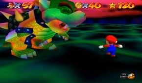 Screenshot of Super Mario 64 of Mario fighting Bowser
