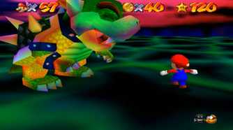 Screenshot of Super Mario 64 of Mario fighting Bowser