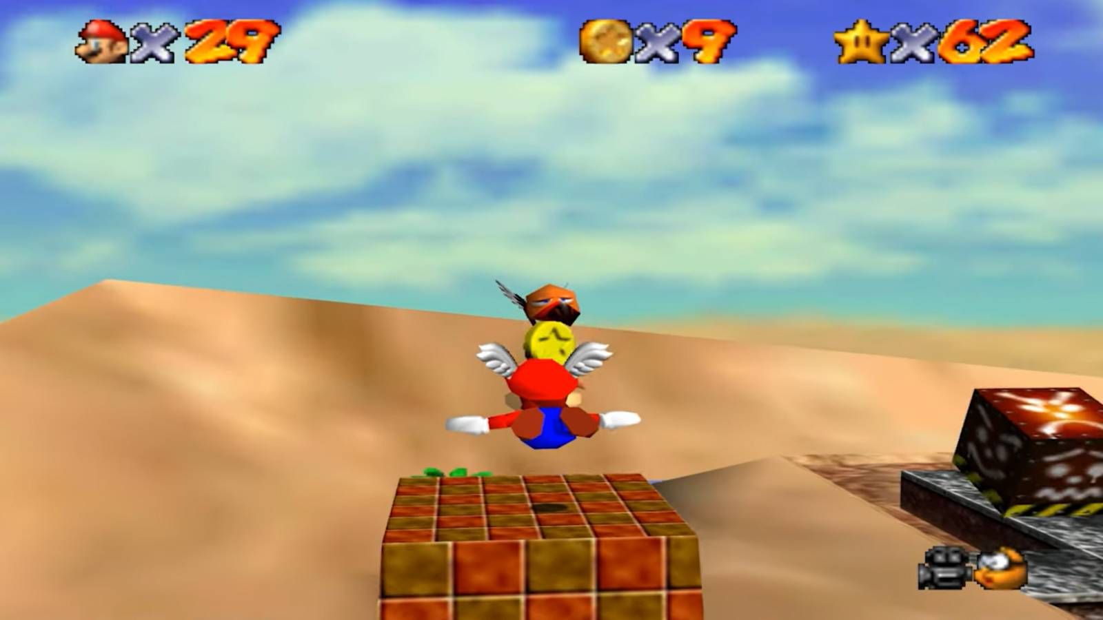 Screenshot of Super Mario 64 of Mario flying into a Vulture