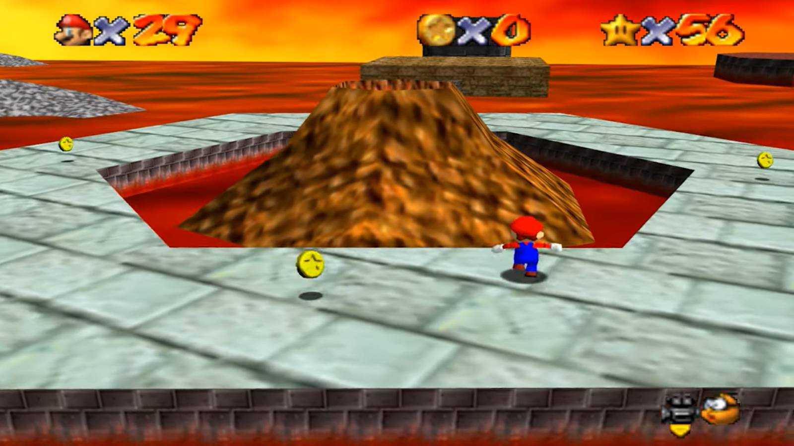 Screenshot of Super Mario 64 of Mario in the Lava world