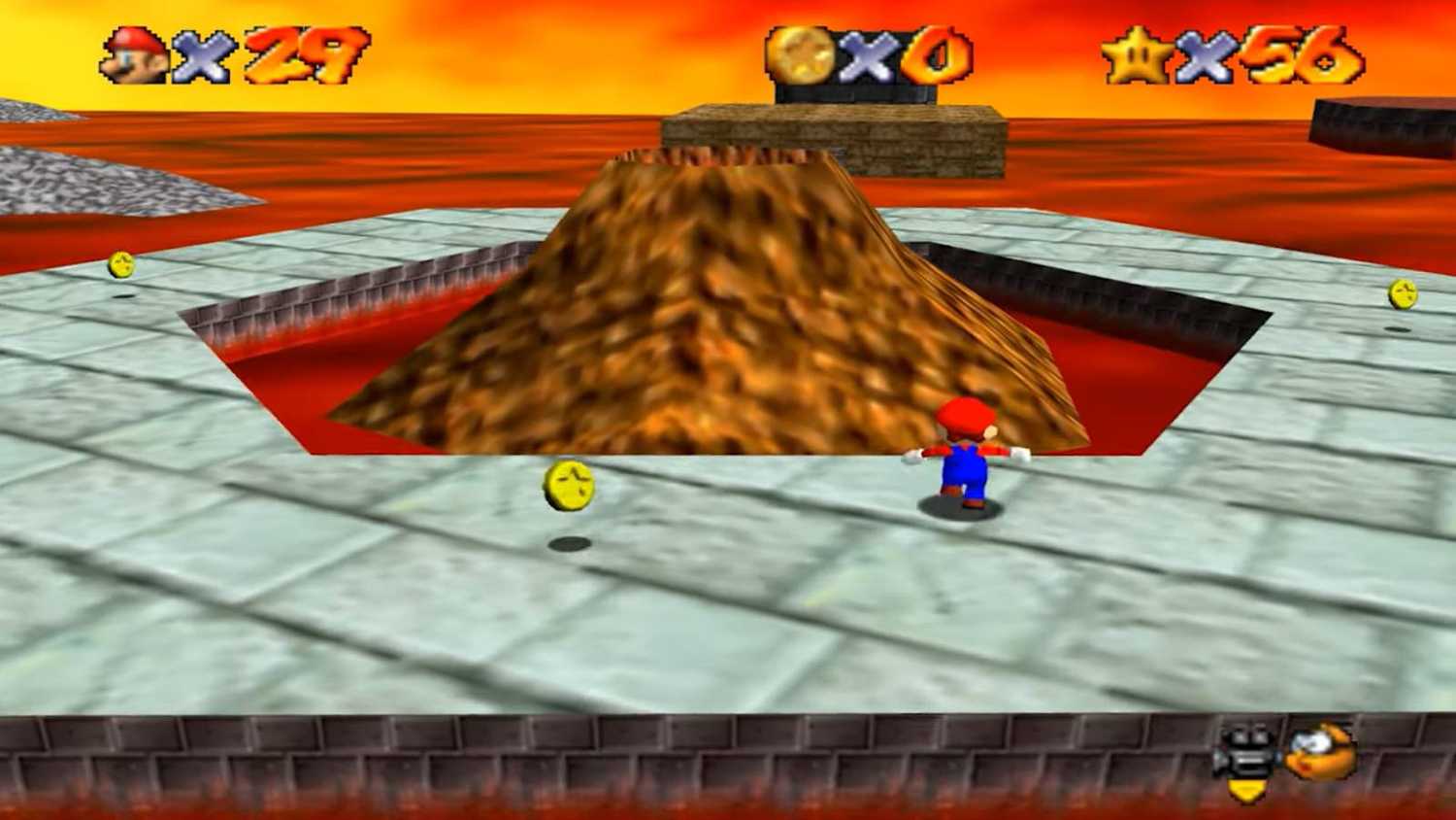 Screenshot of Super Mario 64 of Mario in the Lava world