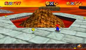Screenshot of Super Mario 64 of Mario in the Lava world