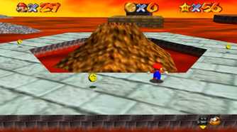 Screenshot of Super Mario 64 of Mario in the Lava world