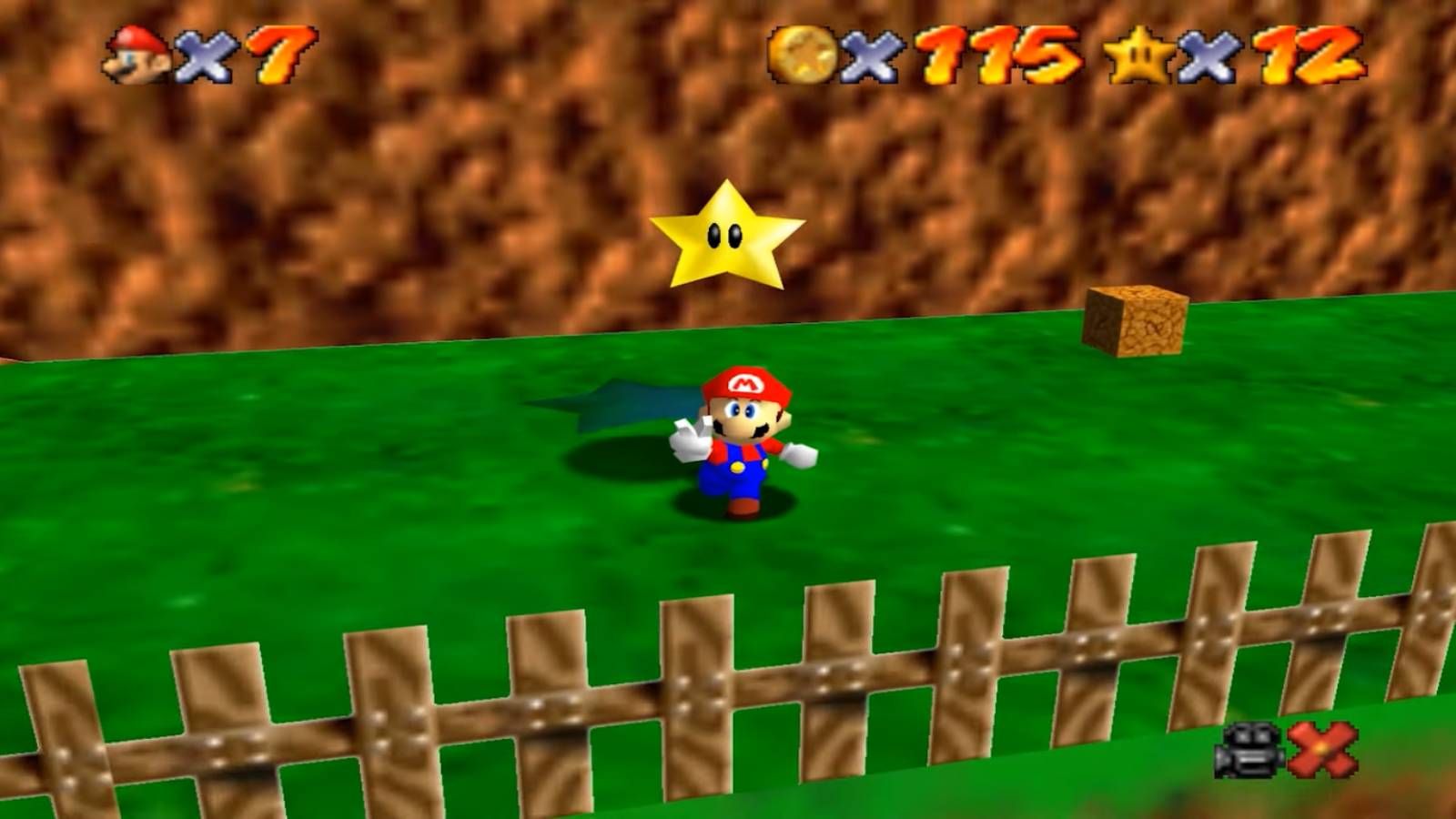 Screenshot of Super Mario 64 of Mario getting a Star