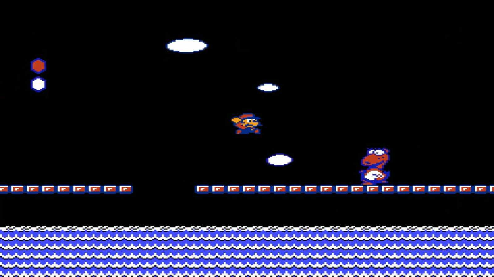 Screen shot from Super Mario Bros. 2 of Mario fighting Birdo
