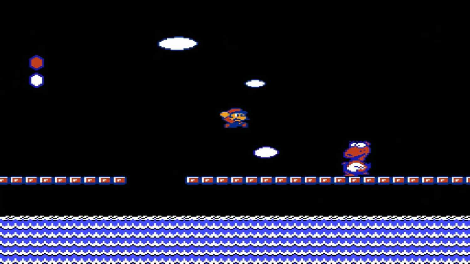 Screen shot from Super Mario Bros. 2 of Mario fighting Birdo