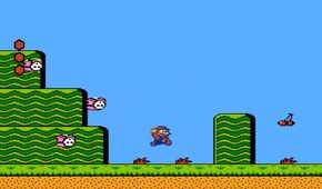 Screen shot from Super Mario Bros. 2 of Mario taking out Shy Guys