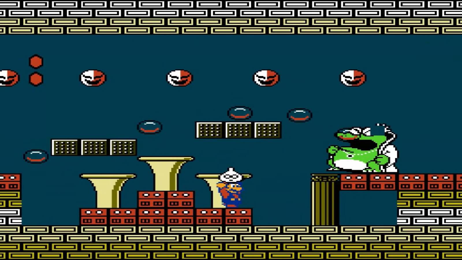 Screen shot from Super Mario Bros. 2 of Mario fighting Wart