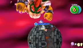 Screenshot of Mario Galaxy 2 of Mario fighting Bowser