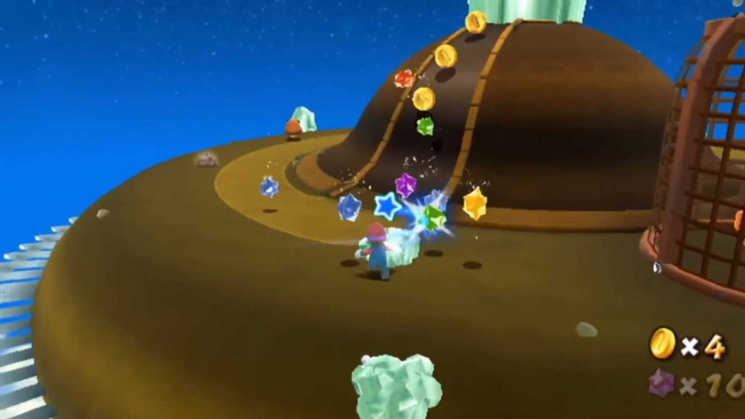 Screenshot from Mario Galaxy 2 of Mario getting starbits