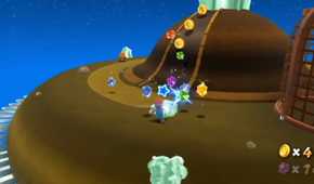 Screenshot from Mario Galaxy 2 of Mario getting starbits