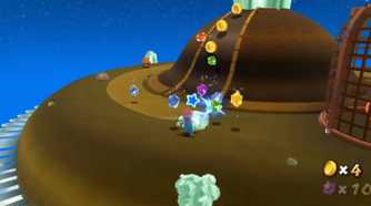 Screenshot from Mario Galaxy 2 of Mario getting starbits