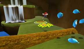 Screenshot of Super Mario Galaxy of Mario leaping into enemies