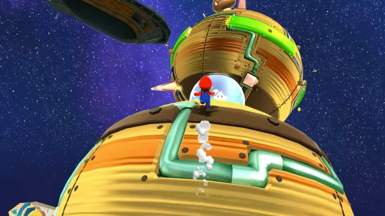 Screenshot of Super Mario Galaxy of Mario traversing planets