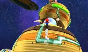 Screenshot of Super Mario Galaxy of Mario traversing planets