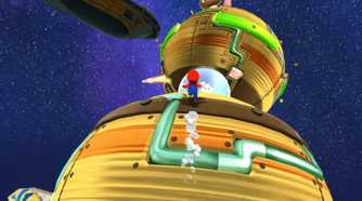 Screenshot of Super Mario Galaxy of Mario traversing planets