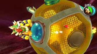 Screenshot of Super Mario Galaxy of Mario fighting Bowser