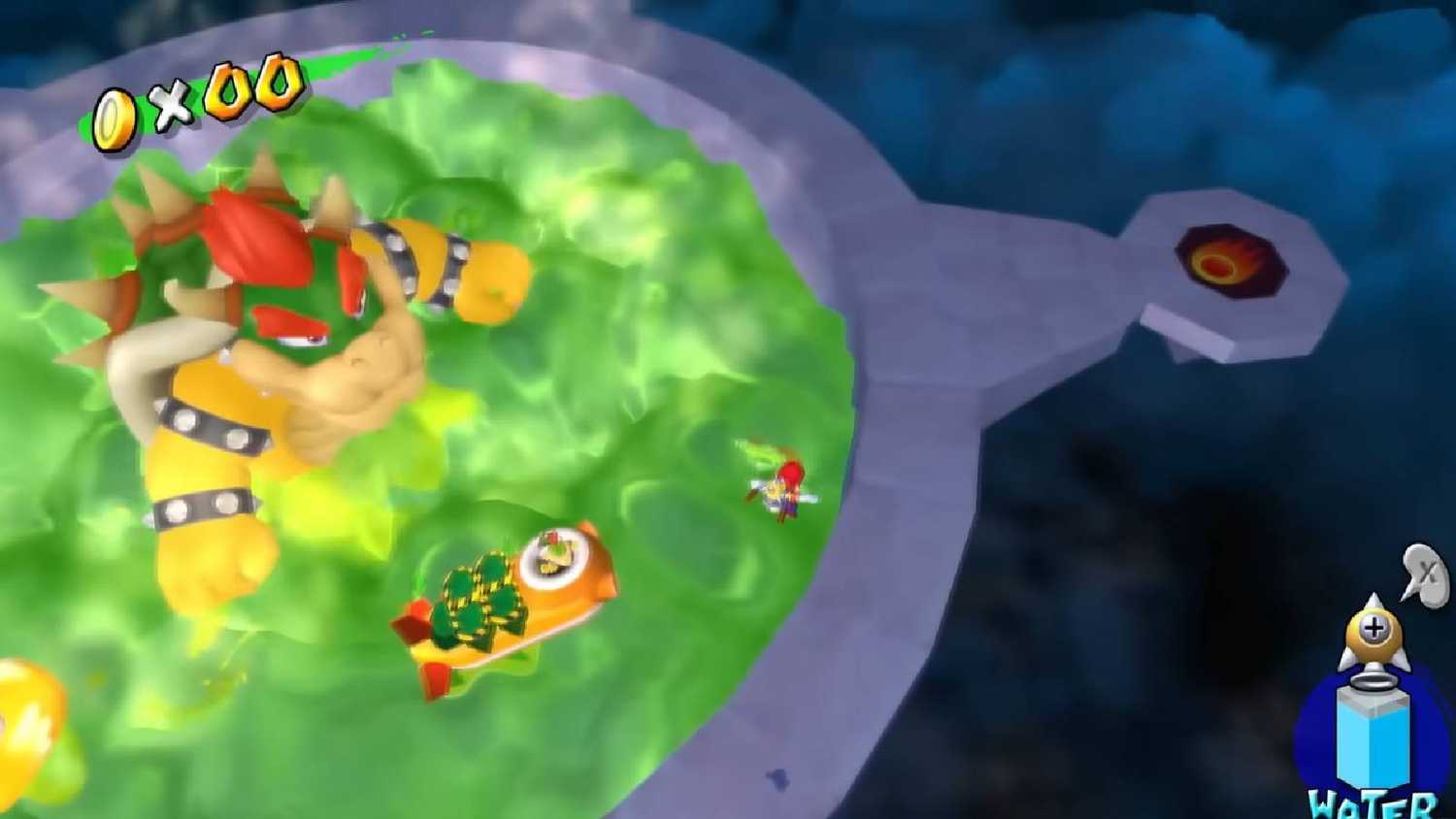Screenshot from Mario Galaxy Sunshine of Mario fighting Bowser in a hot tub