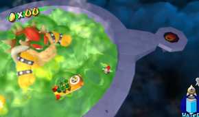 Screenshot from Mario Galaxy Sunshine of Mario fighting Bowser in a hot tub