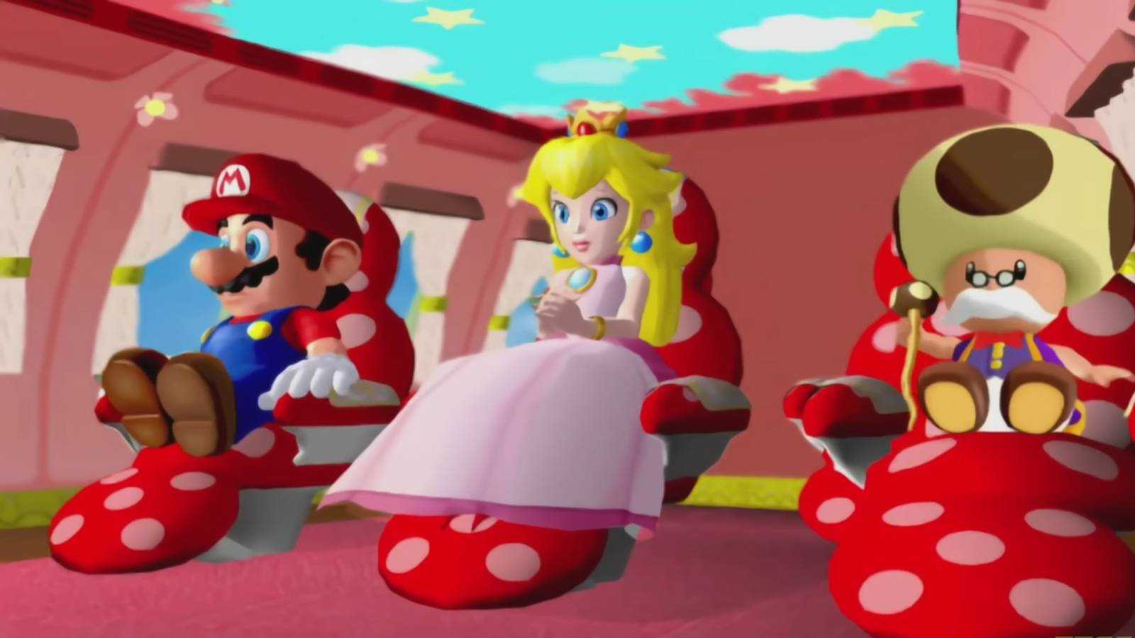 Screenshot from Mario Galaxy Sunshine of Mario, Peach, and Toadsworth on a plane