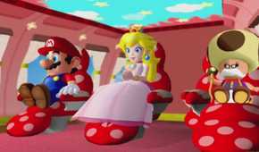 Screenshot from Mario Galaxy Sunshine of Mario, Peach, and Toadsworth on a plane