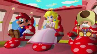 Screenshot from Mario Galaxy Sunshine of Mario, Peach, and Toadsworth on a plane