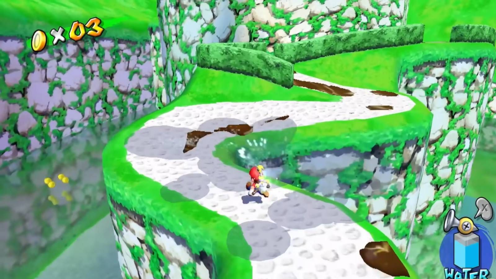 Screenshot from Mario Galaxy Sunshine of Mario cleaning a path