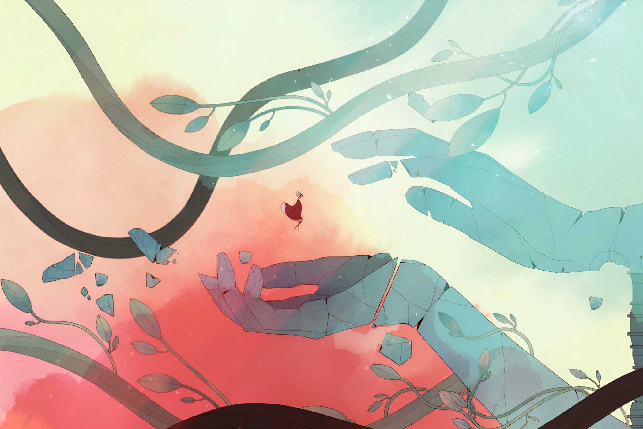 A screenshot from the game Gris, showing the protagonist floating into two huge disembodied hands, as gigantic wines cover the frame with orange and blue hues in the image.