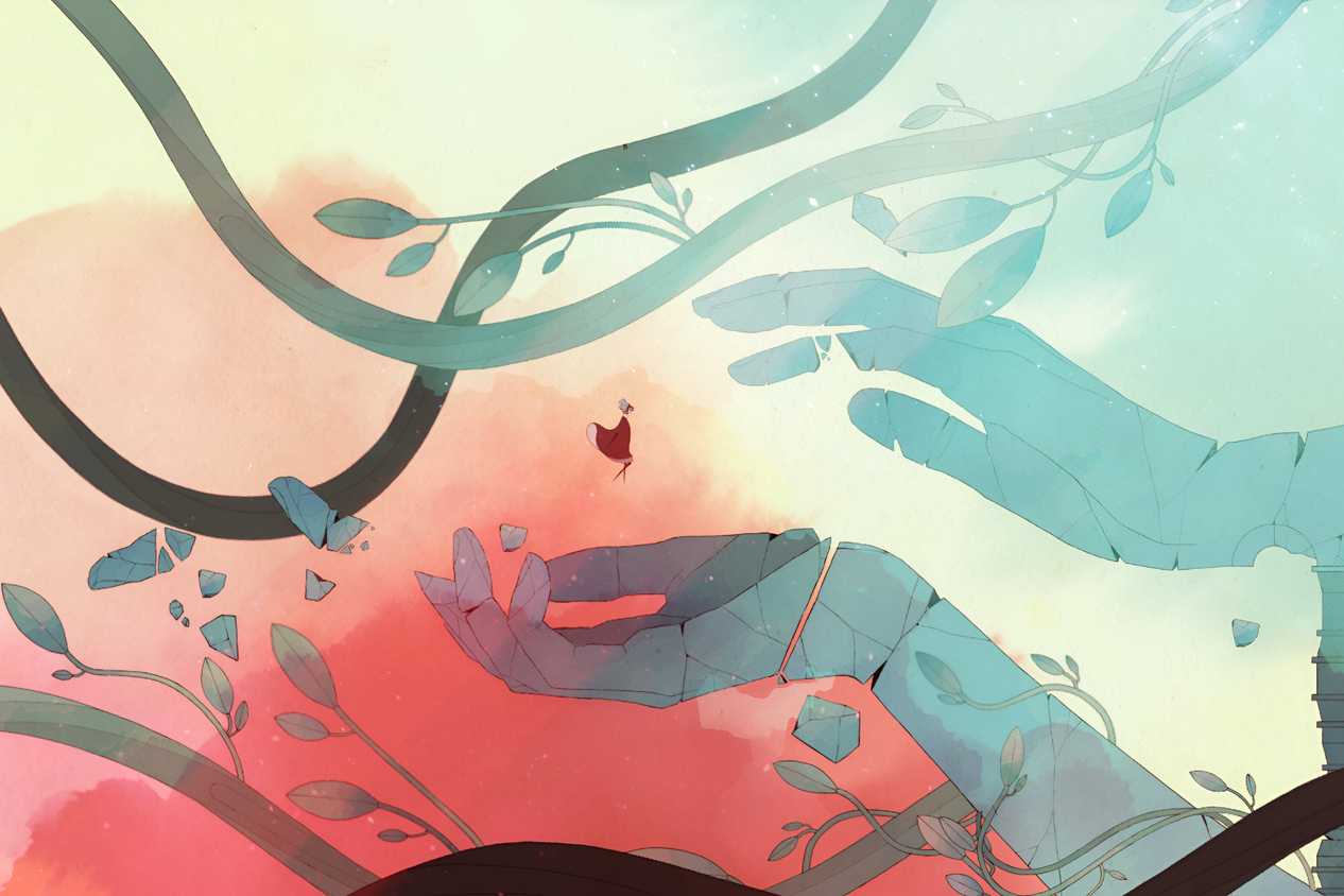 A screenshot from the game Gris, showing the protagonist floating into two huge disembodied hands, as gigantic wines cover the frame with orange and blue hues in the image.