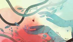 A screenshot from the game Gris, showing the protagonist floating into two huge disembodied hands, as gigantic wines cover the frame with orange and blue hues in the image.