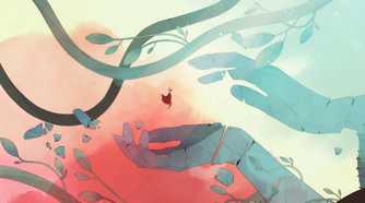 A screenshot from the game Gris, showing the protagonist floating into two huge disembodied hands, as gigantic wines cover the frame with orange and blue hues in the image.