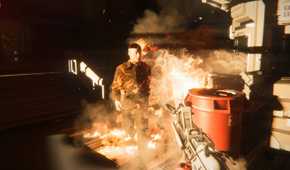 Screenshot from Alien Isolation of a synth walking through fire