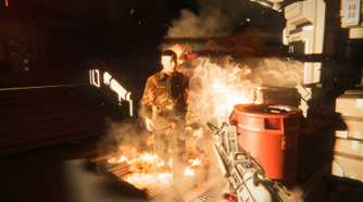 Screenshot from Alien Isolation of a synth walking through fire
