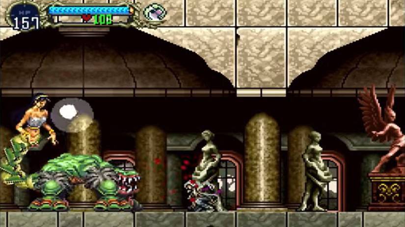 Screenshot from Castlevania Symphony of the Night of Alucard fighting an enemy