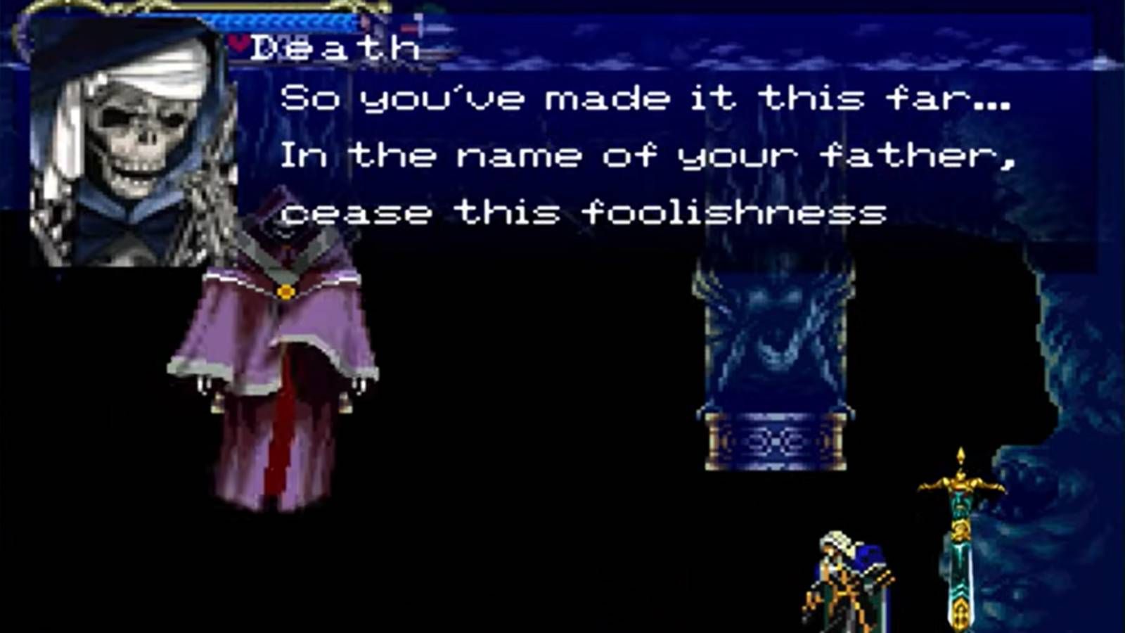 Screenshot from Castlevania Symphony of the Night of Alucard talking to death