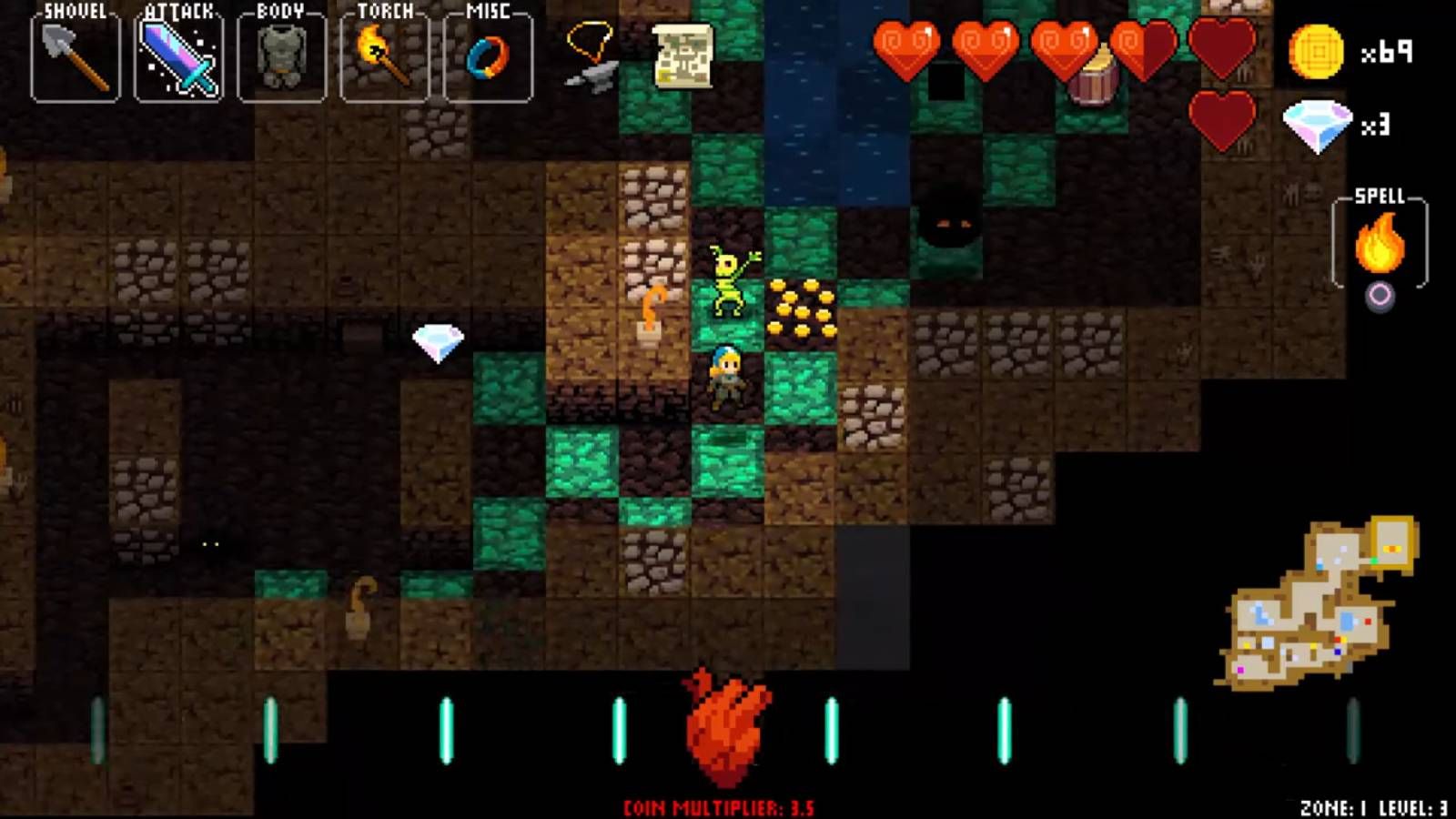 Screenshot from Crypt of the NecroDancer of Cadance fighting a skeleton