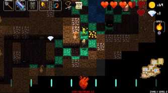 Screenshot from Crypt of the NecroDancer of Cadance fighting a skeleton