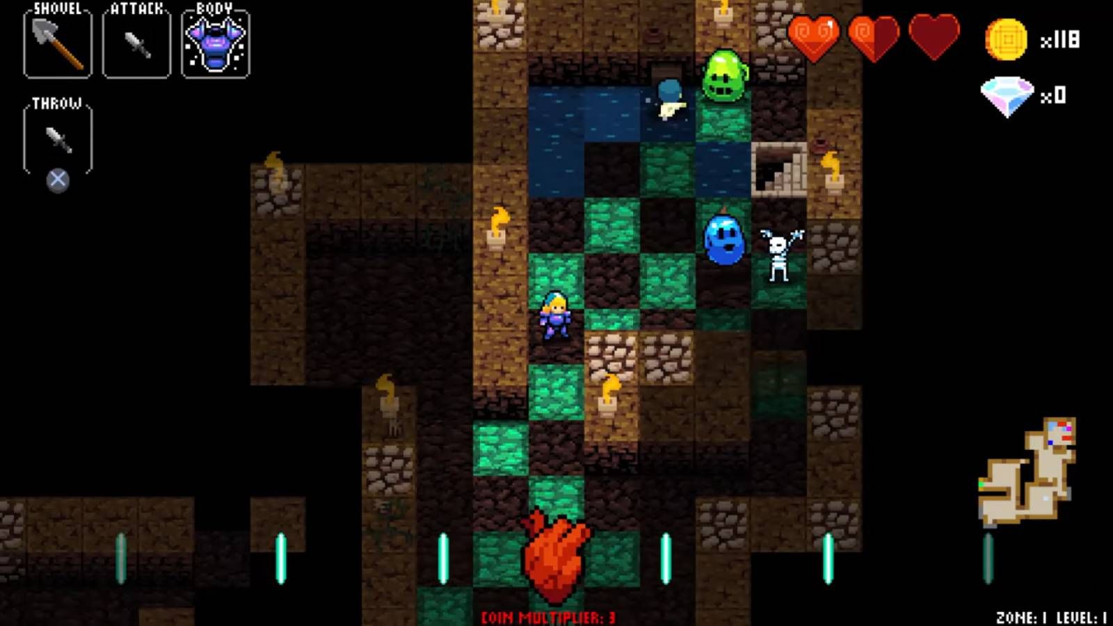 Screenshot from Crypt of the NecroDancer of Cadance fighting a slime
