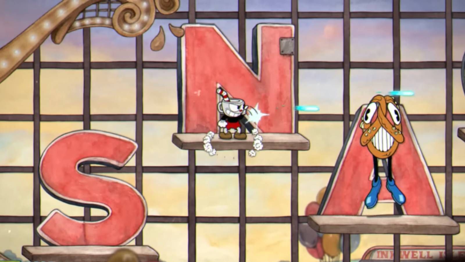 Cuphead fighting a pretzel
