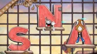 Cuphead fighting a pretzel