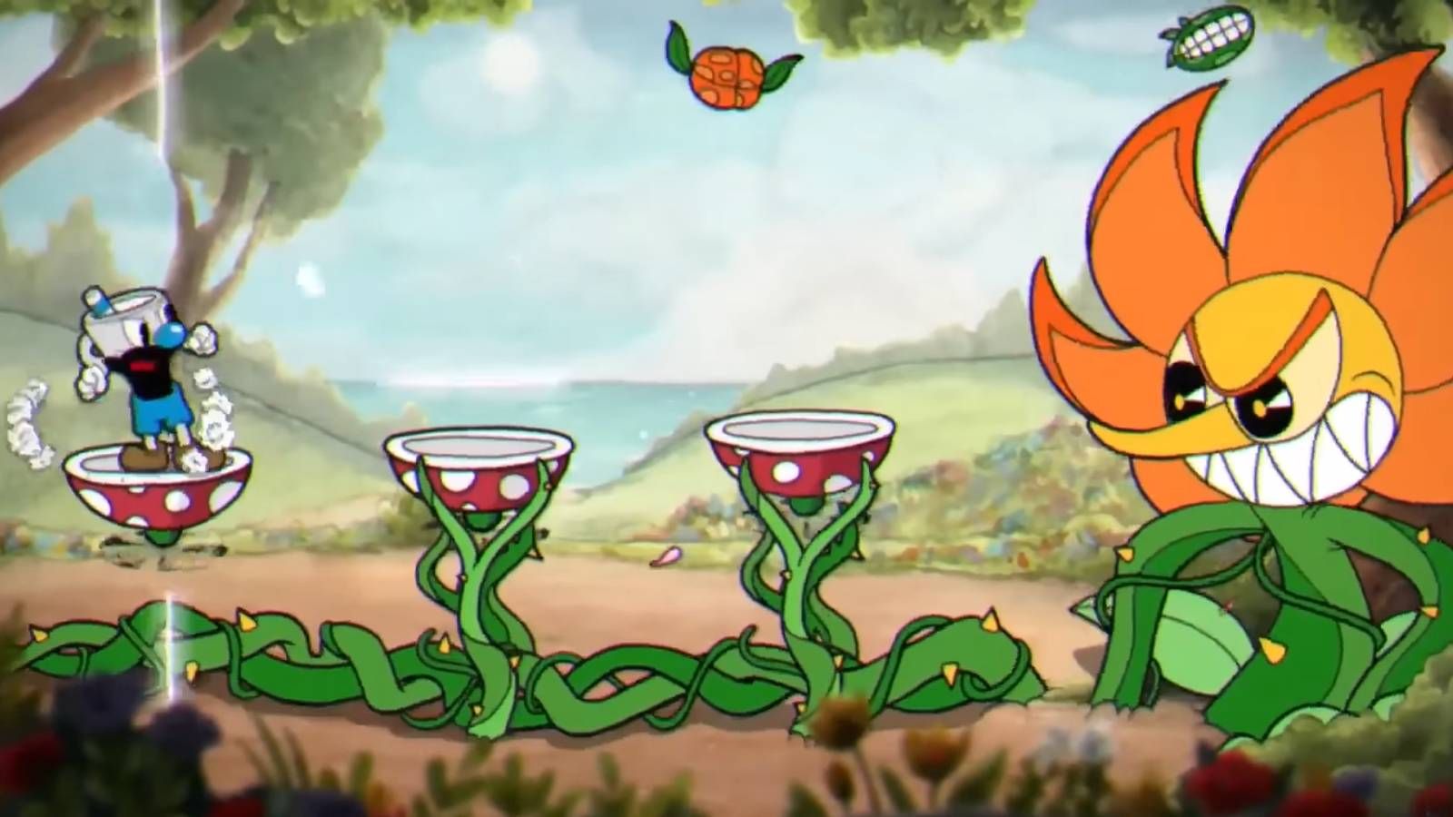 Cuphead and Mughead fighting the flower boss
