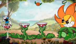 Cuphead and Mughead fighting the flower boss