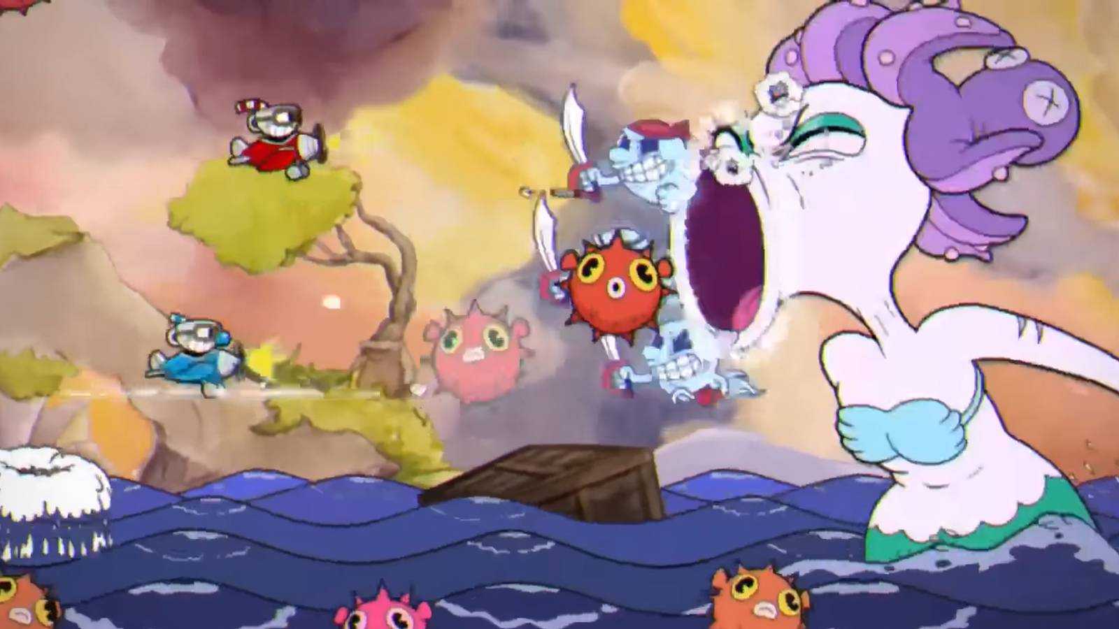 Cuphead fighting the mermaid boss