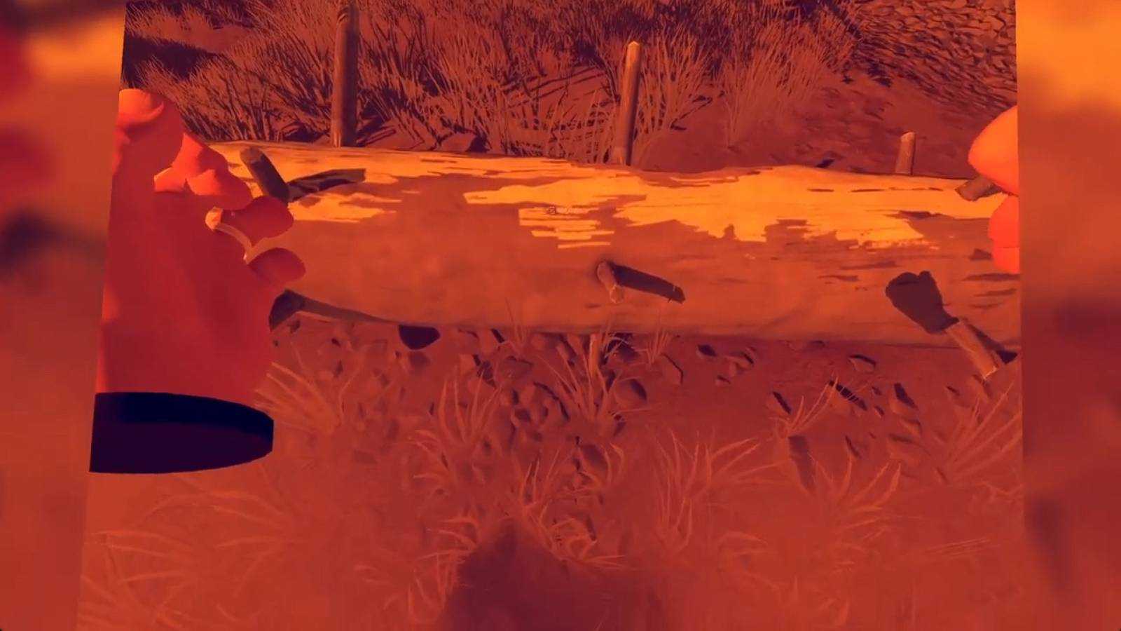 Screenshot from Firewatch of Henry jumping over a log
