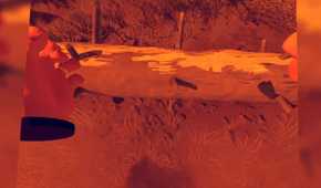 Screenshot from Firewatch of Henry jumping over a log