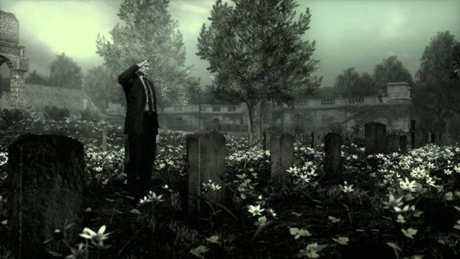 Screenshot from Metal Gear Solid 4 of Snake in a cemetary