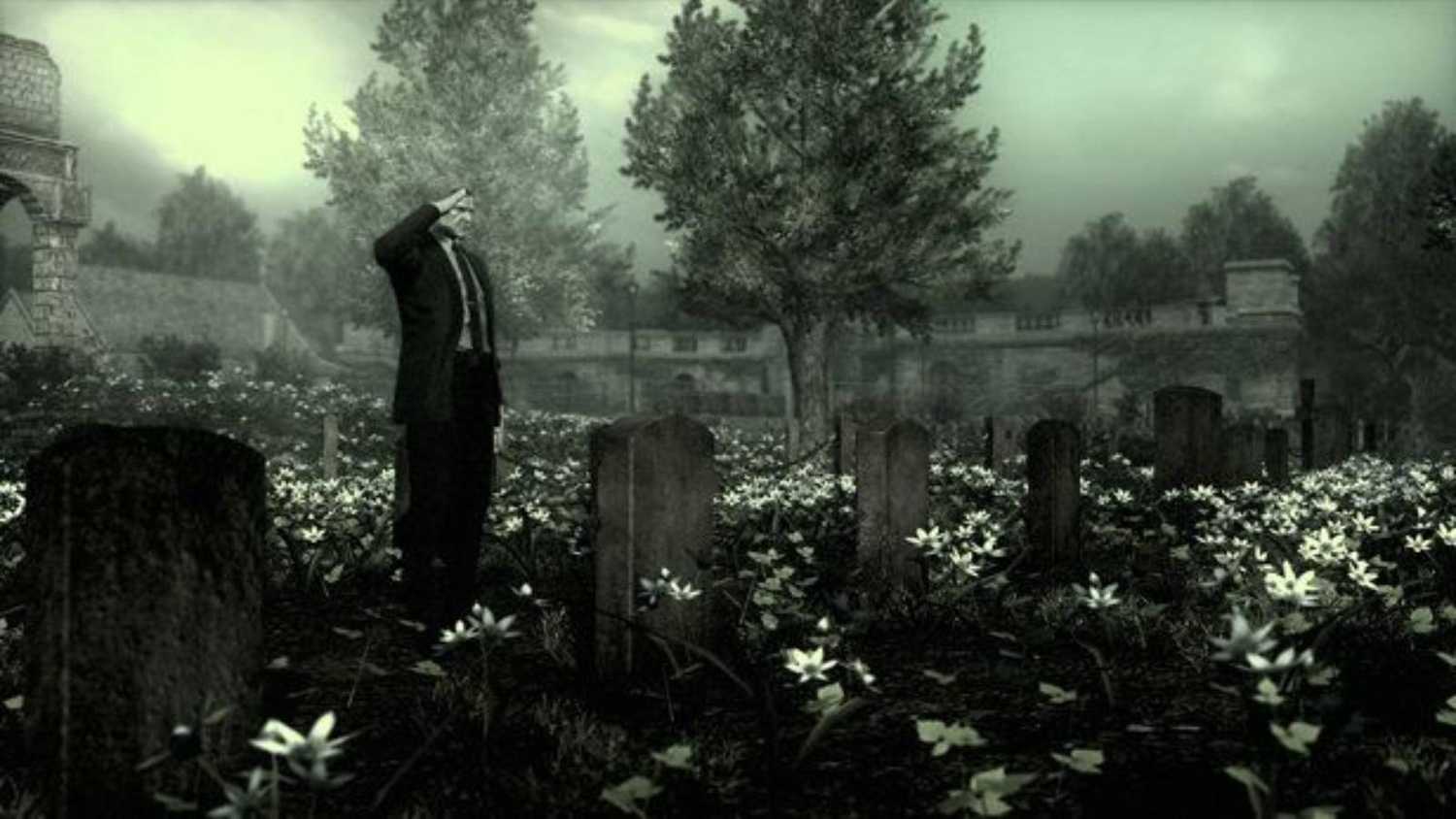 Screenshot from Metal Gear Solid 4 of Snake in a cemetary